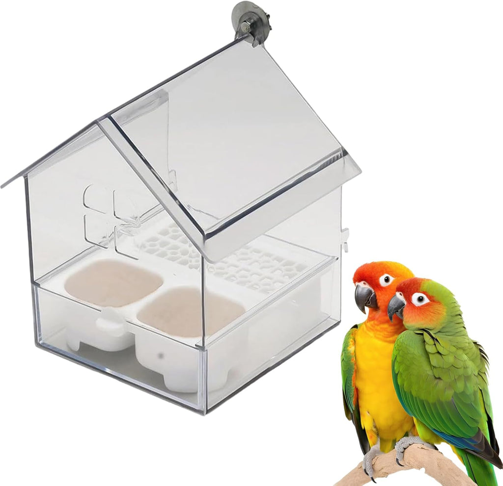 Ziveseller/Sowhathow Pull-Out External Parrot Feeder, Parrot Feeder Parakeet House Bird Bath Transparent Dish Water, Hanging Wild Bird Seed with Squirrel Proof Tray (White)