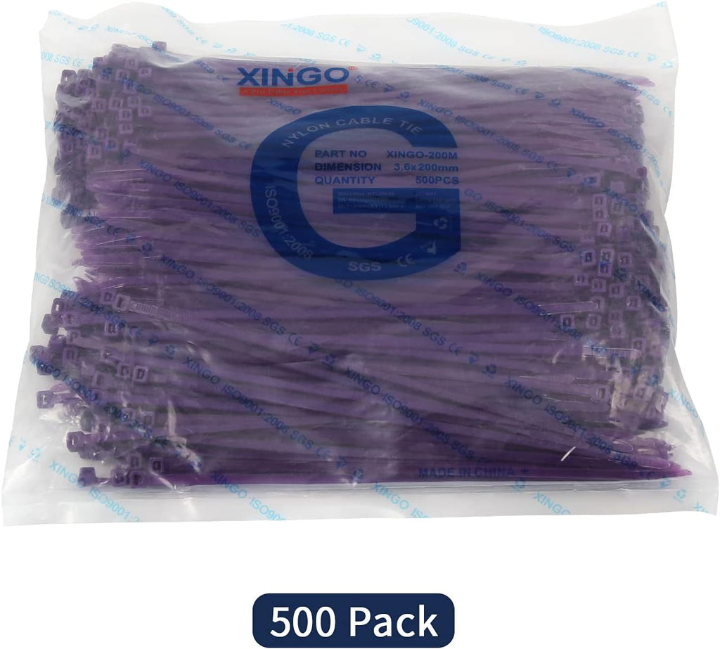 XINGO 8 Inch Purple Cable Zip Ties (500 Pack), 40 Lbs Tensile Strength-Heavy Duty, Self-Locking Nylon Plastic Nylon Wire Ties for indoor and outdoor use
