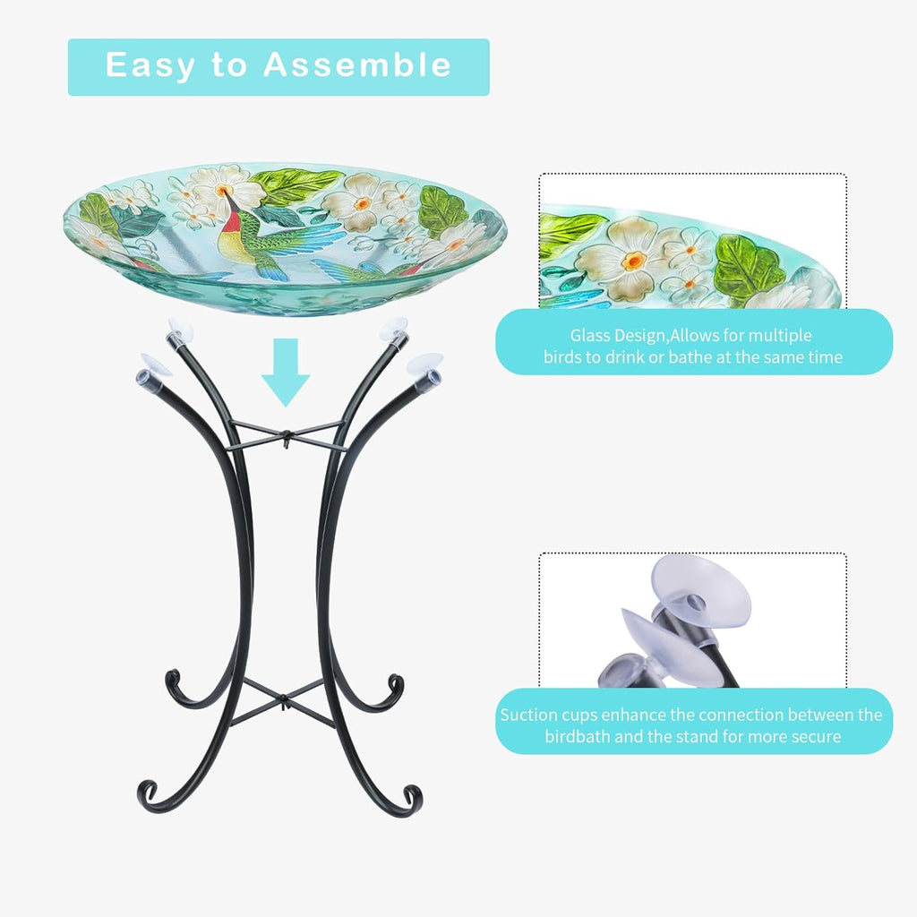 VCUTEKA 18" Outdoor Glass Birdbath with Sturdy Metal Stand for Lawn, Yard, or Garden Decor Bird Lovers Gift, Hummingbird Bird Bath Detachable, 22" Height