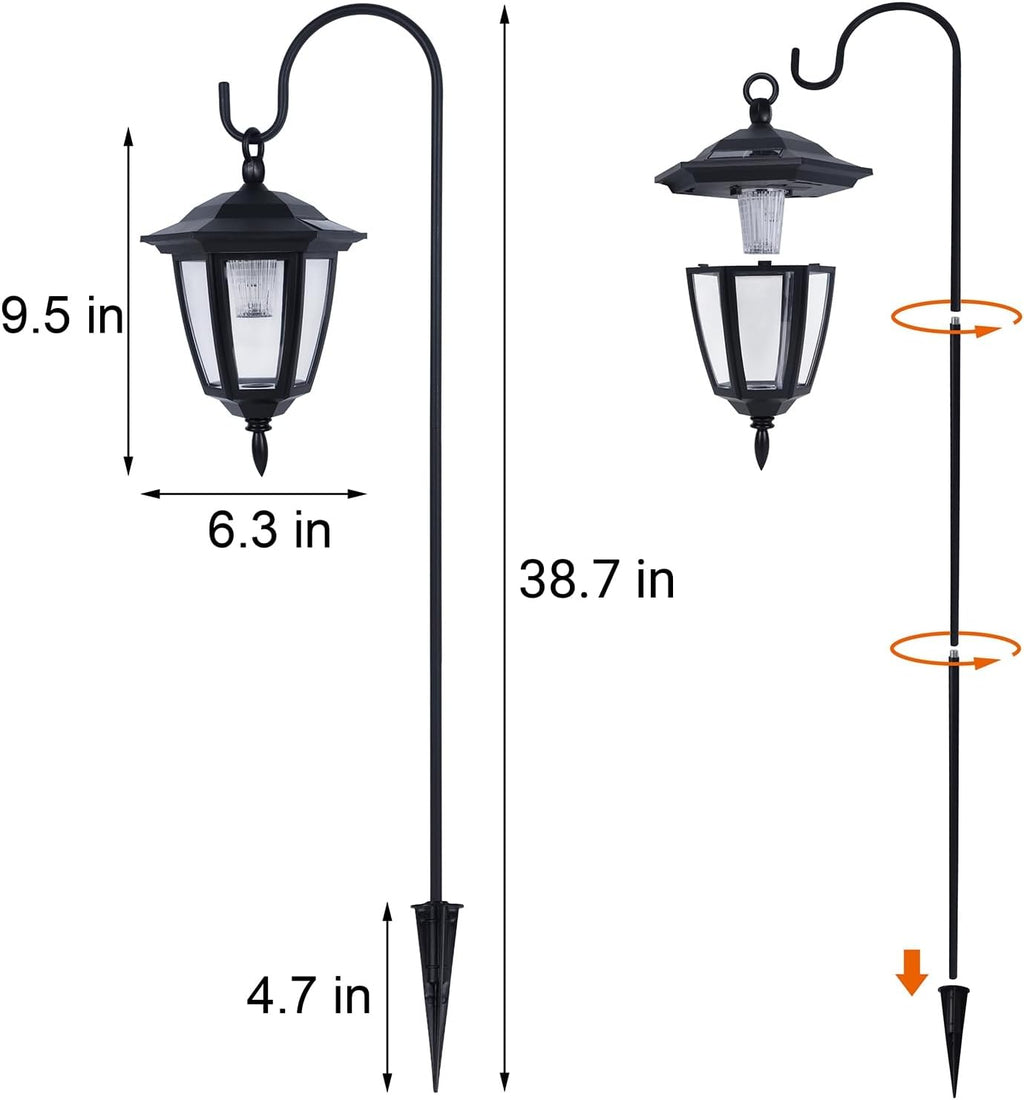 Dynaming 4 Pack Solar Hanging Lights Outdoor, Solar Powered Garden Decorative Lanterns with 4 x 38 Inch Shepherd Hooks, Waterproof Landscape Lighting for Lawn Patio Yard Pathway Driveway, Warm White