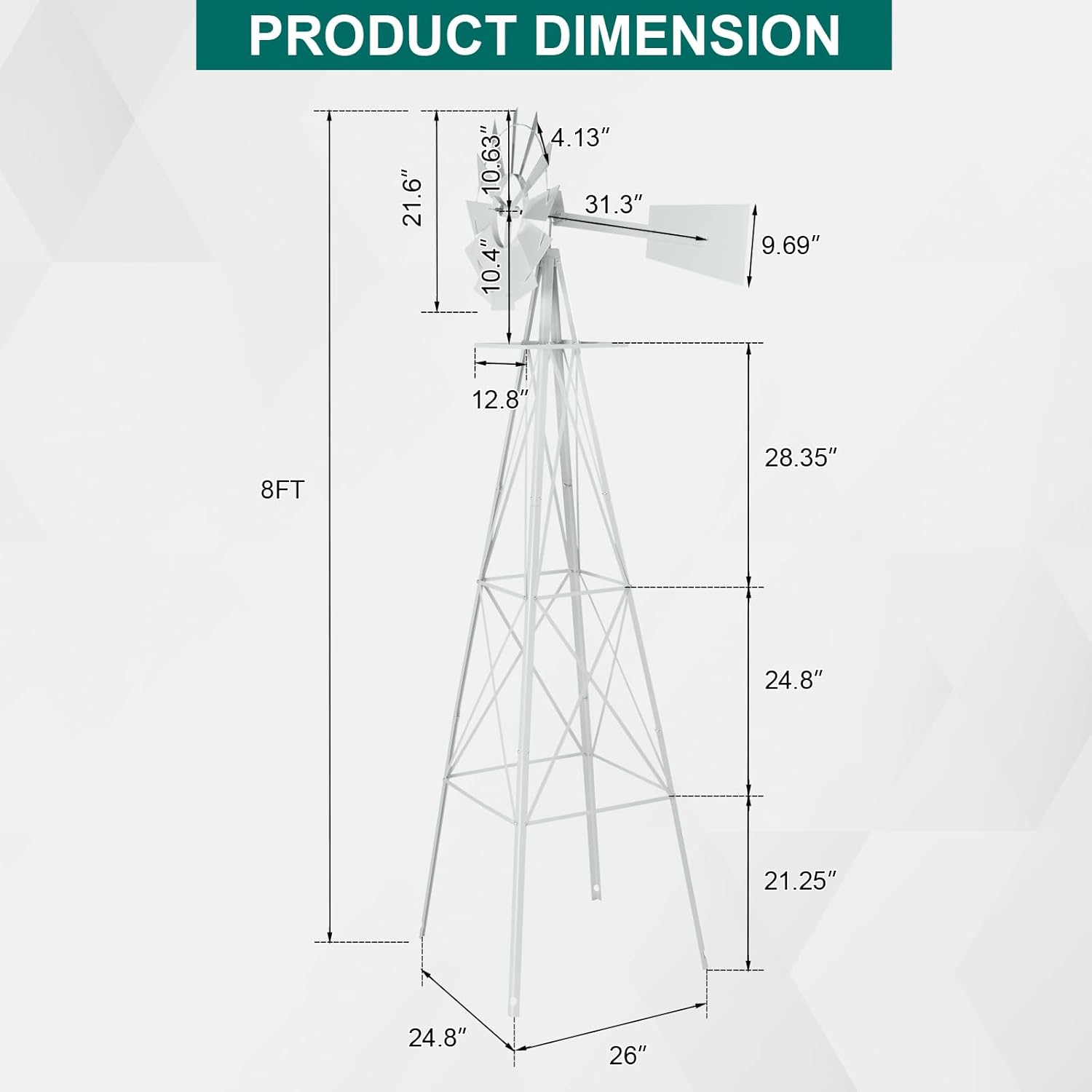 8FT Garden Windmill, Heavy Duty Metal Weather Vane, Yard Ornamental Wind Spinner, Wind Mill Decoration for Backyard Weather Resistant (White, 8ft)