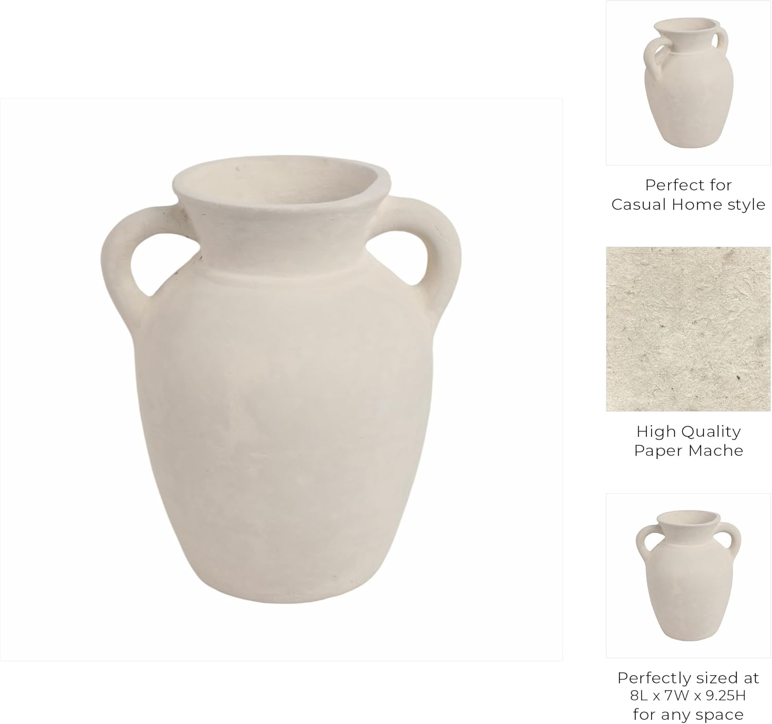 Sagebrook Home Vintage Ceramic Vase - Handmade Pottery Paper Mache Jug - Decorative Home Accent for Living Room, Bedroom, Office - 9" White