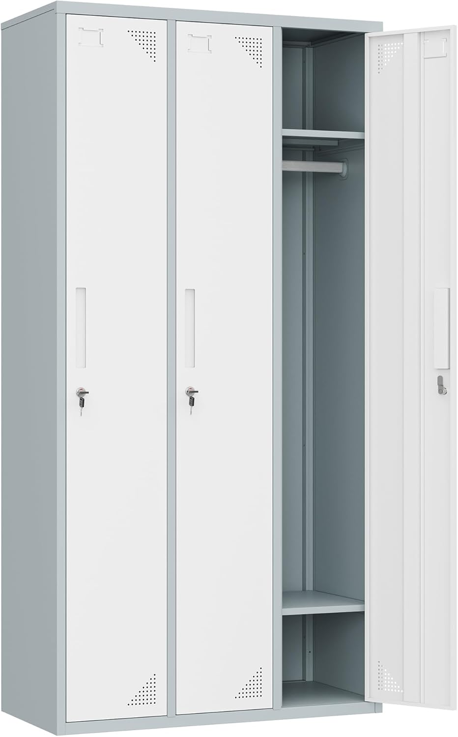 Metal Locker with 3 Doors Employees Locker, Metal Storage Locker with Hooks, 71" Storage Cabinet Lockers for Employees, Home, Office, Gym Requires Assembly (Grey White)
