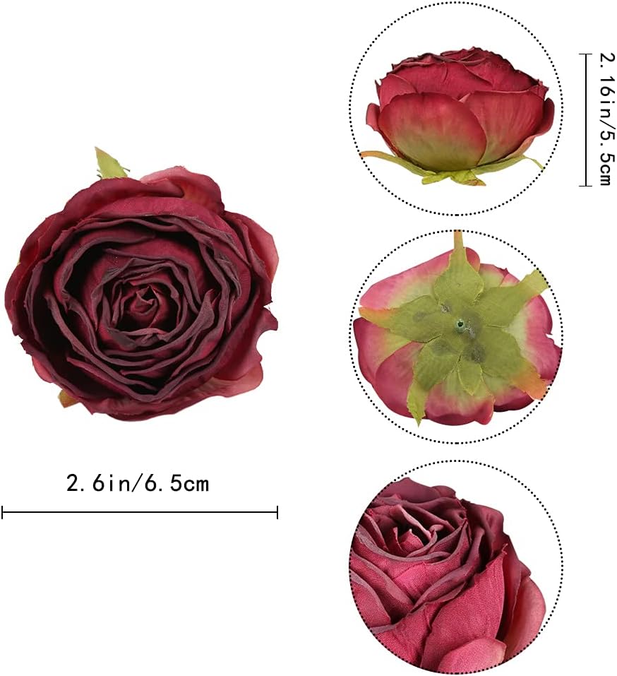 IPOPU Burgundy Flowers Artificial Rose Heads 25pcs Silk Flower Heads Bulk Dried Burgundy Silk Flowers for Artificial Bouquet Wedding Fake Flower Heads for Flower Wall Decor Bridal Shower (Burgundy)