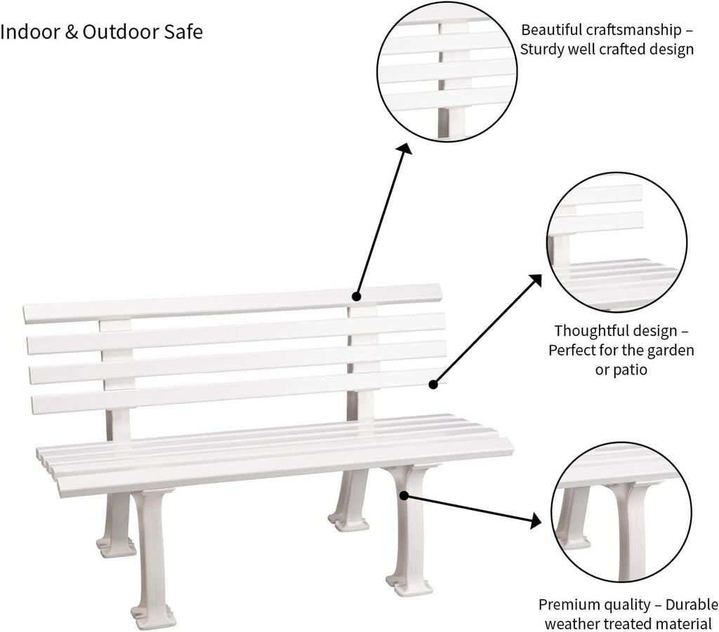 Plow & Hearth Weatherproof German PVC Outdoor Bench | Holds Up to 500 lbs | Garden Patio Porch Park Deck | Steel and Resin | White
