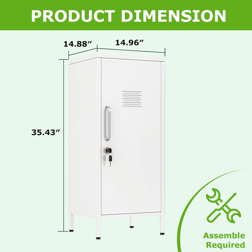 35" Metal Storage Locker, Lockable Employees Metal Locker with Door and Adjustable Shelves, Steel Locker for Home, School, Office, Gym (White)