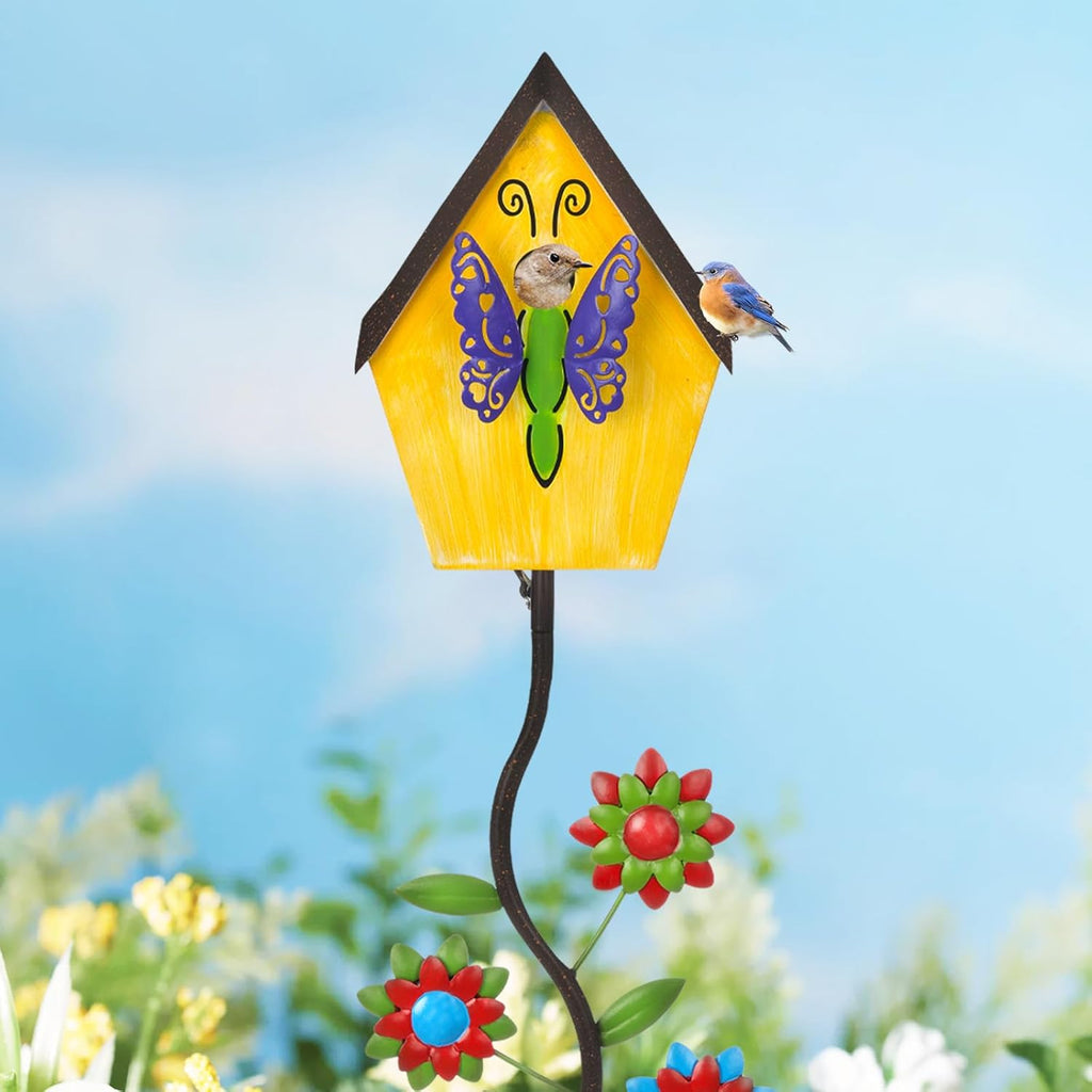 51” Bird Houses Stake for Outside, Metal Wild Bird Feeder Birdhouse Stake Pole with Butterfly Design Outdoor Decorations for Patio, Backyard, Garden
