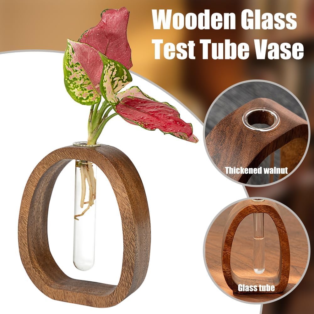 Solid Wood Frame Glass Test Tube Vase Desk Hydroponic Plant, Enhances Home and Office Environment, Small Size (Small)
