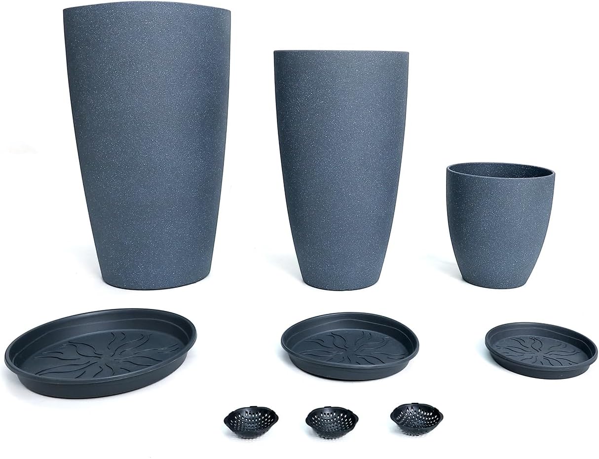 24/21/11 Inch Tall Planter Pots Garden Plastic Planters - Set of 3 for Indoor & Outdoor Use - Decorative Lightweight Flower Pots (Dark Grey)