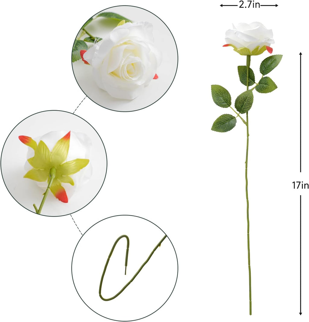 Fake Roses Not Bend The Peduncle Artificial Flowers Fake Flowers with Stems for DIY Wedding Bouquets Bridal Shower Centerpieces Arrangements Tables Decorations (24pcs,Pearl White)