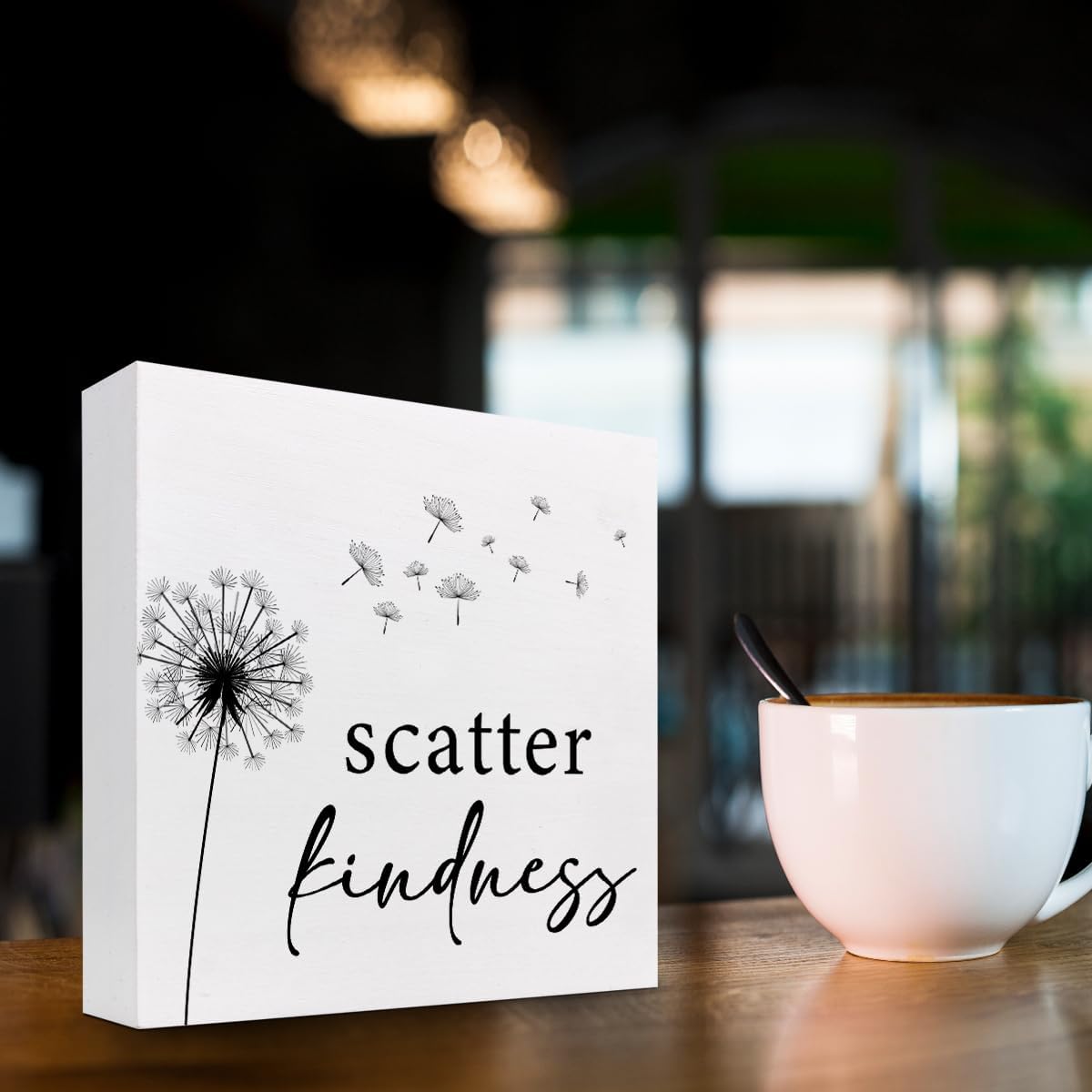 z-Crange Scatter Kindness Dandelion Wood Block Sign, Rustic Kindness Quote Wooden Box Plaque Sign for Home, College, Office Shelf, Table Decor