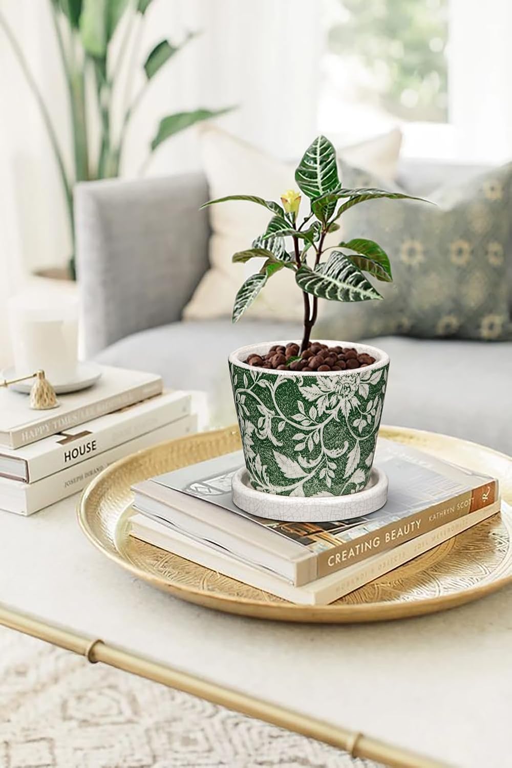 Set of 2 Ceramic Green Plant Pots with Drainage Hole and Saucers, Vintage Farmhouse Accent Planters for Indoor Plants, Round Flower Pots Rustic Succulent Cactus Pots Terracotta Tubs 5.7/4.7 Inch