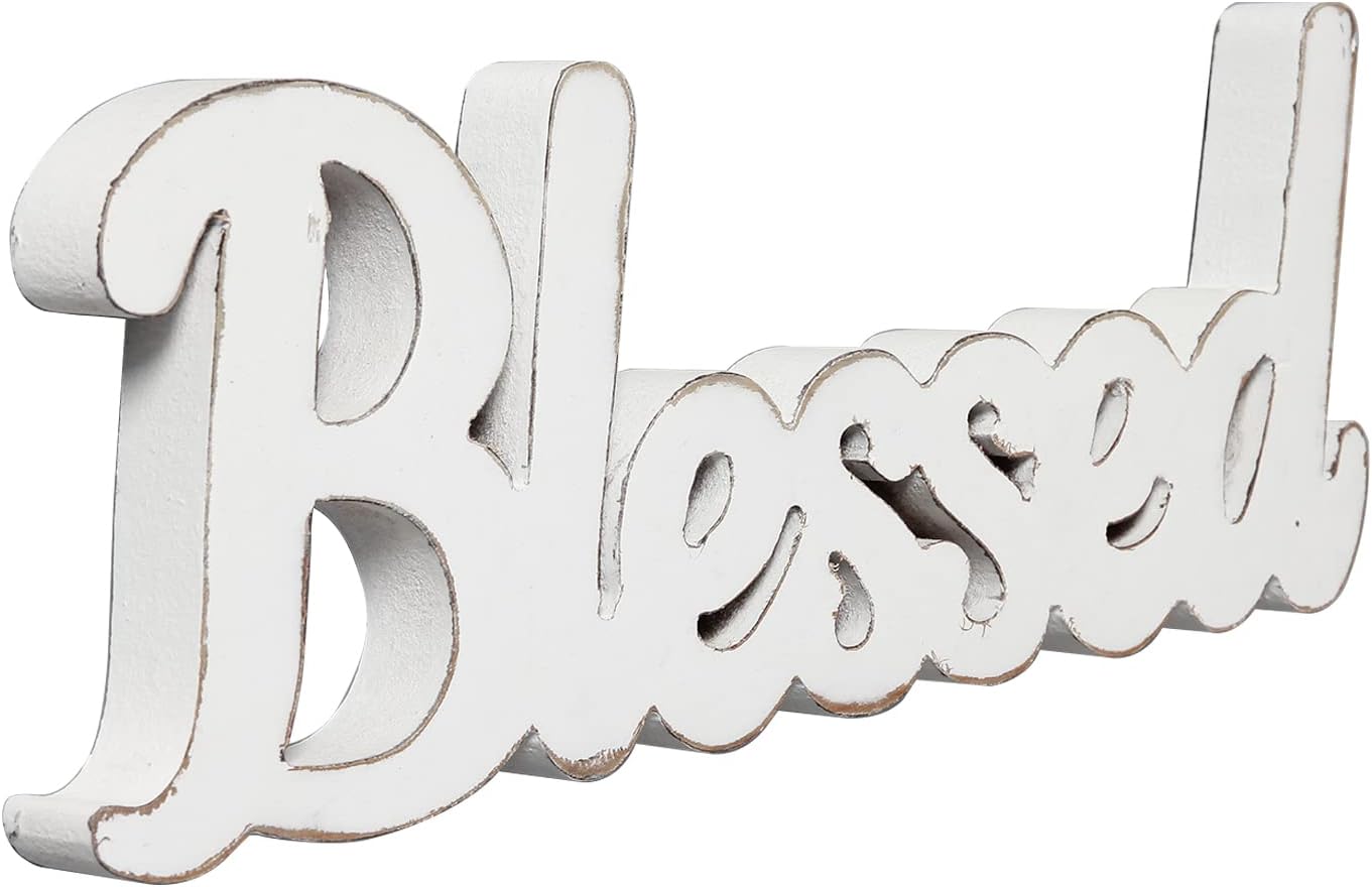 Rustic White Wooden Blessed Sign for Tabletop 15 Inch, Wall Hanging Farmhouse Blessed Signs for Home Decor, Handmade Thanksgiving Signs Decor, Christmas Signs for Living Room Entryway
