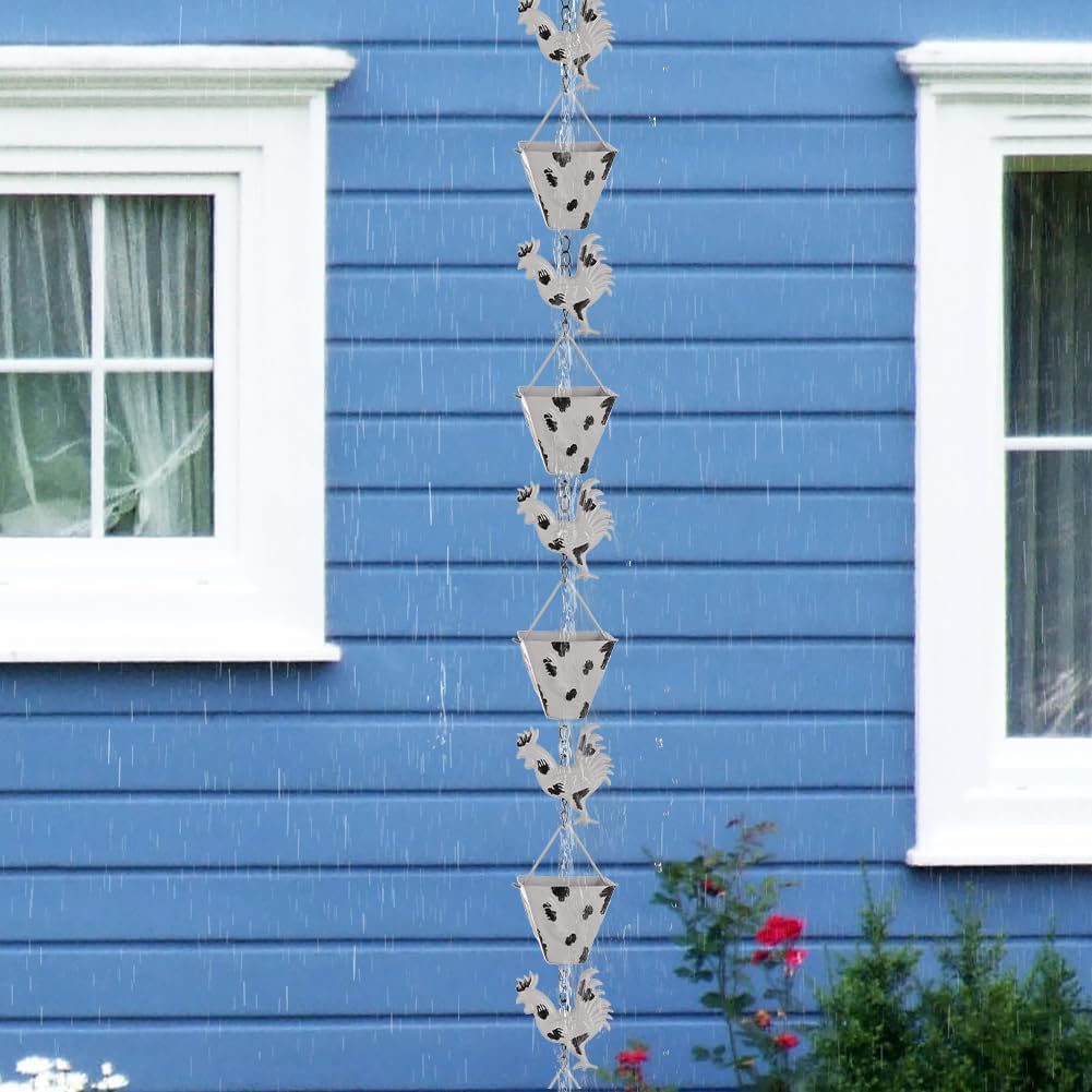 7.8FT Rain Chain for Outside, Rain Chain with 10 Rooster Cups Adjustable Rain Chains for Gutters, Eaves, Drainage, Replacement for Downpout