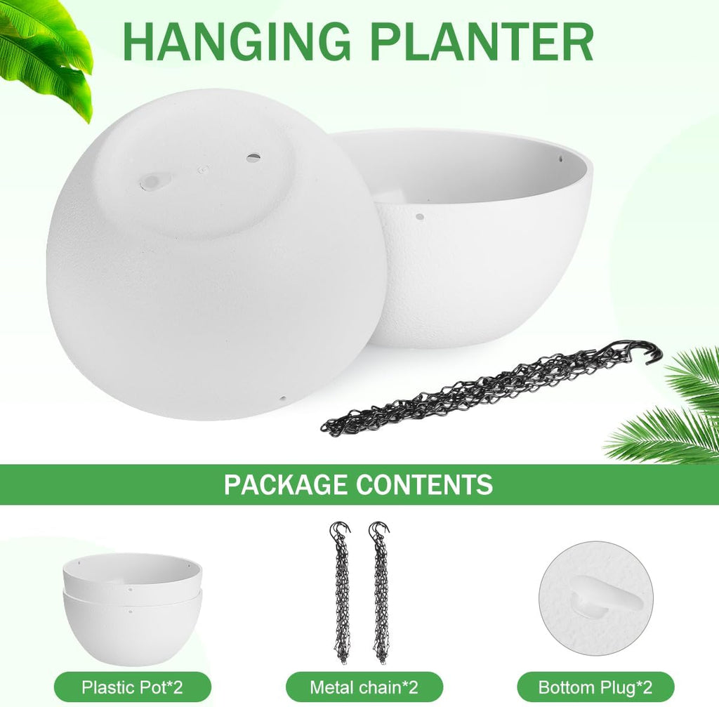 10 inch Hanging Planters for Indoor Plants, 2 Pack Planters for Outdoor Plants with Drainage Holes and Chain, Round Plastic Hanging Baskets, Hanging Flower Pots for Balcony Garden Decor-White