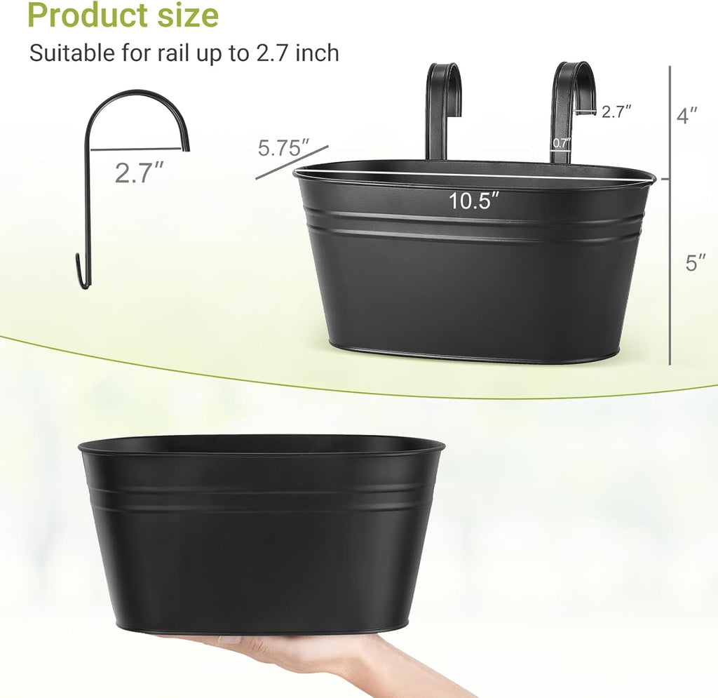 Dahey Metal Iron Hanging Flower Pots for Railing Fence Hanging Bucket Pots Countryside Style Outdoor Planter Window Flower Plant Holder with Detachable Hooks Home Decor, Black,4 Pcs