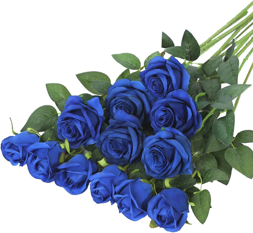 Hawesome 12PCS Artificial Silk Flowers Realistic Roses Bouquet Long Stem for Home Wedding Decoration Party (Blue 1)