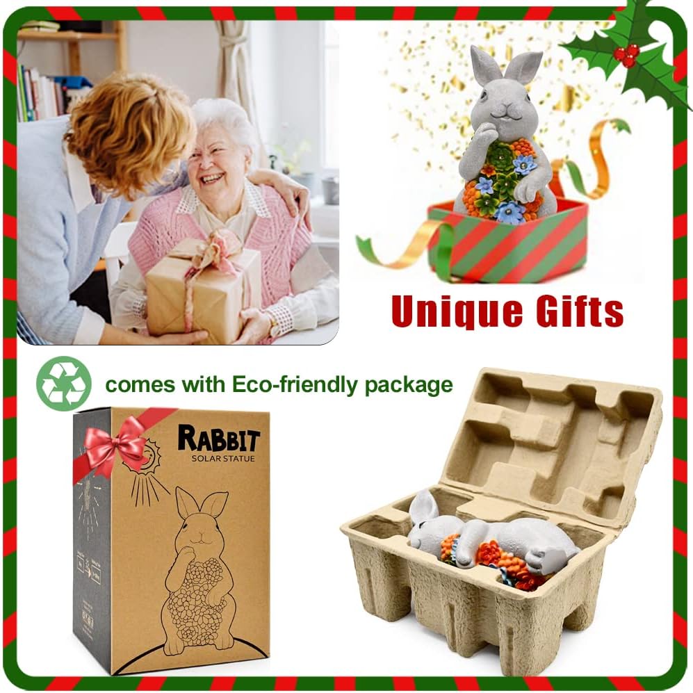 Nacome Garden Outdoor Statues Bunny with Succulent and 7 LED Lights – Lawn Decor for Patio, Balcony, Yard Ornament - Unique Housewarming Gifts