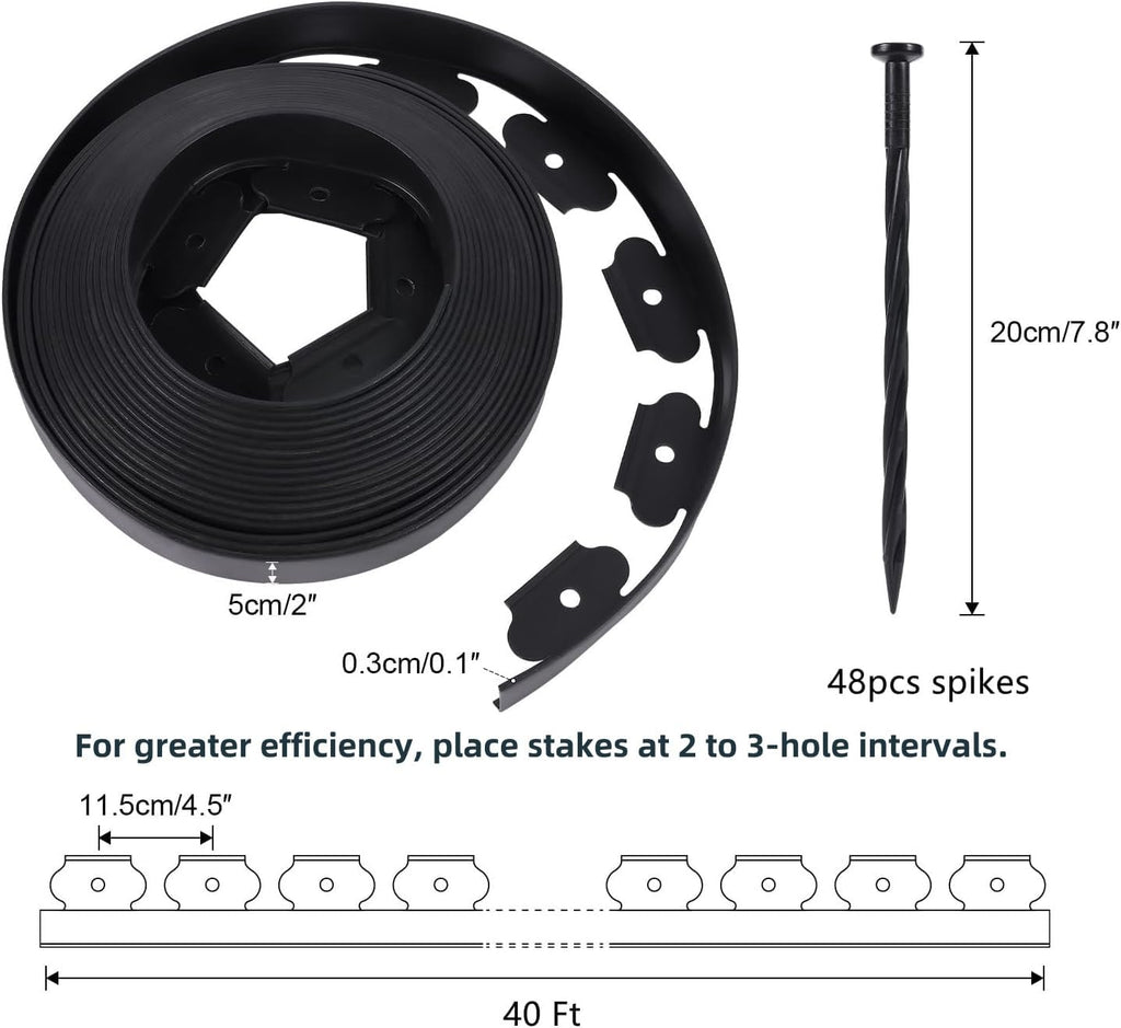 2 Inch Tall No Dig Durable Garden Landscape Edging Kit, Black Plastic Lawn Border with 48pcs Anchoring Spikes for Landscaping, Flower Gardens, Lawn (40FT+48pcs Anchoring Spikes)