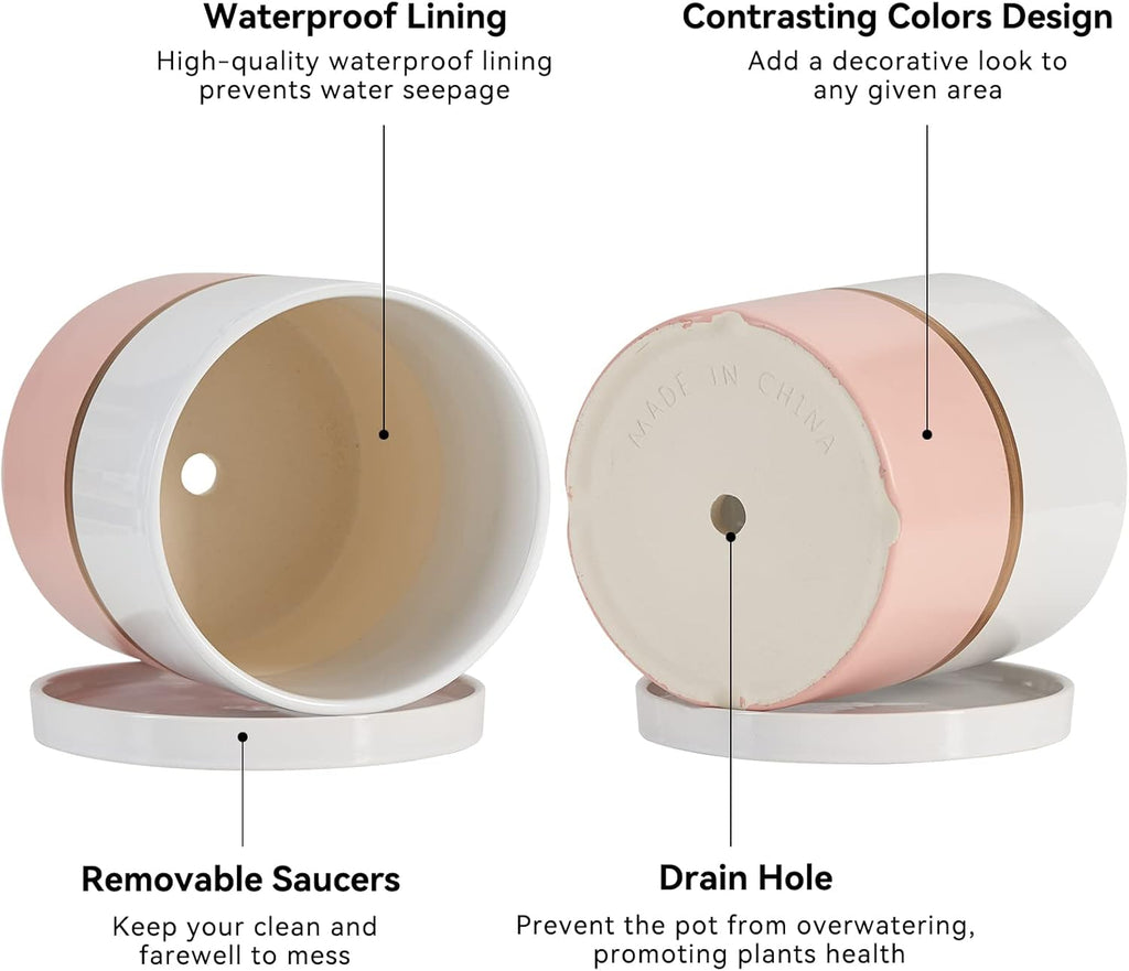 Ekirlin 5 inch Plant Pot - Ceramic Flower Planters Indoor - Modern Succulents Containers with Drain Hole Saucer, Decorate Home, Office & Outdoor (Pink)