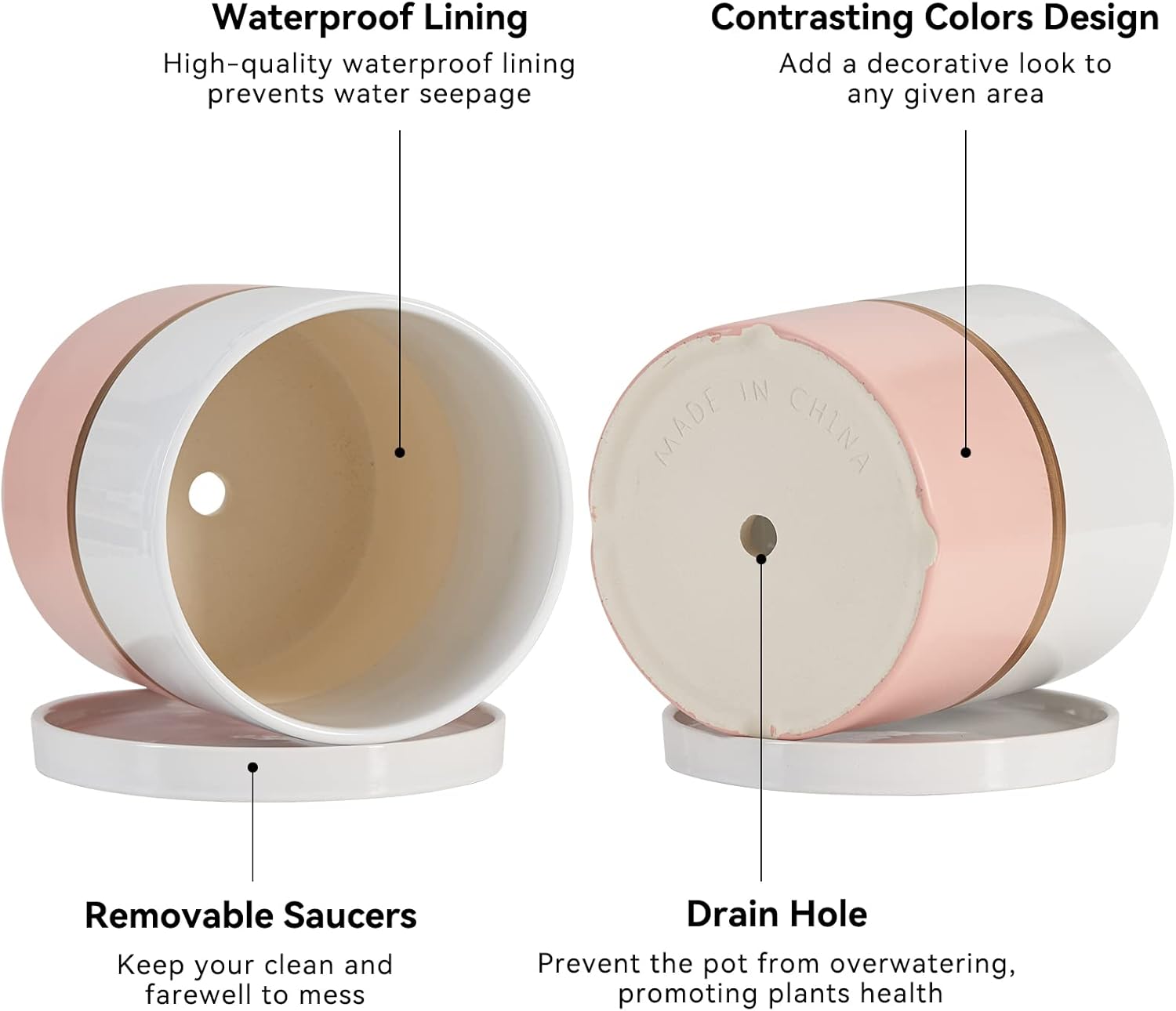 Ekirlin 6 inch Plant Pot - Ceramic Flower Planters Indoor - Modern Succulents Containers with Drain Hole Saucer, Decorate Home, Office & Outdoor (Pink)