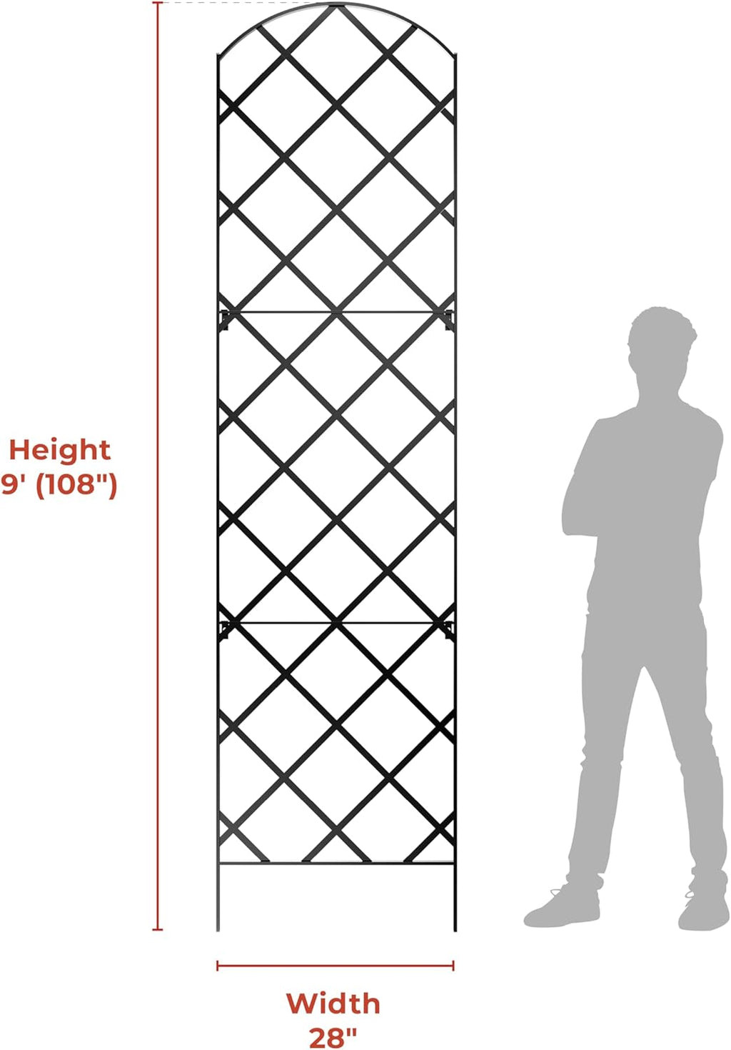 Giant Trellis, 108” high (9’ Tall) by 28” Wide Trellis with Arched top - by Meranti Home + Garden