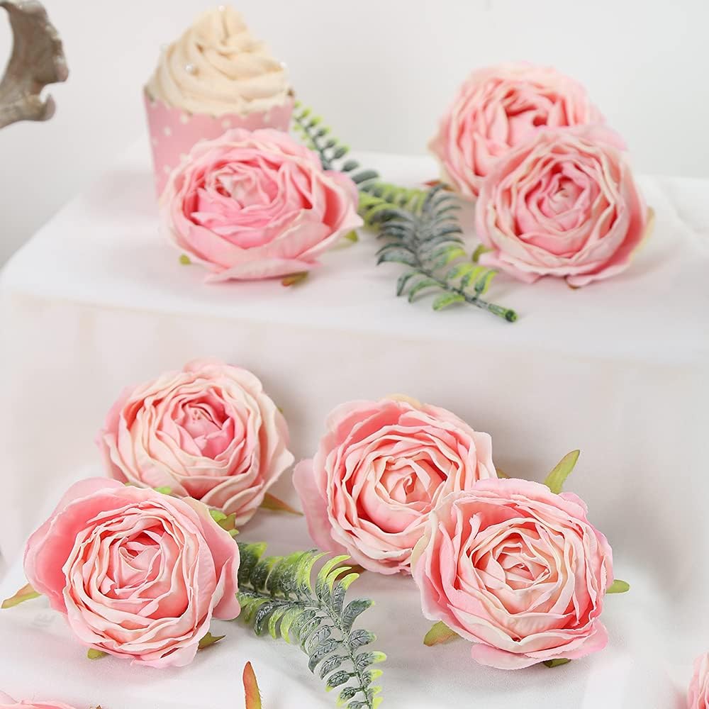 IPOPU Pink Artificial Flowers Rose Heads 25PCS Dried Pink Flowers Artificial Roses with Stems Fake Flowers for Bridal Shower Decorations Silk Flower Heads Bulk Arrangements (Pink)