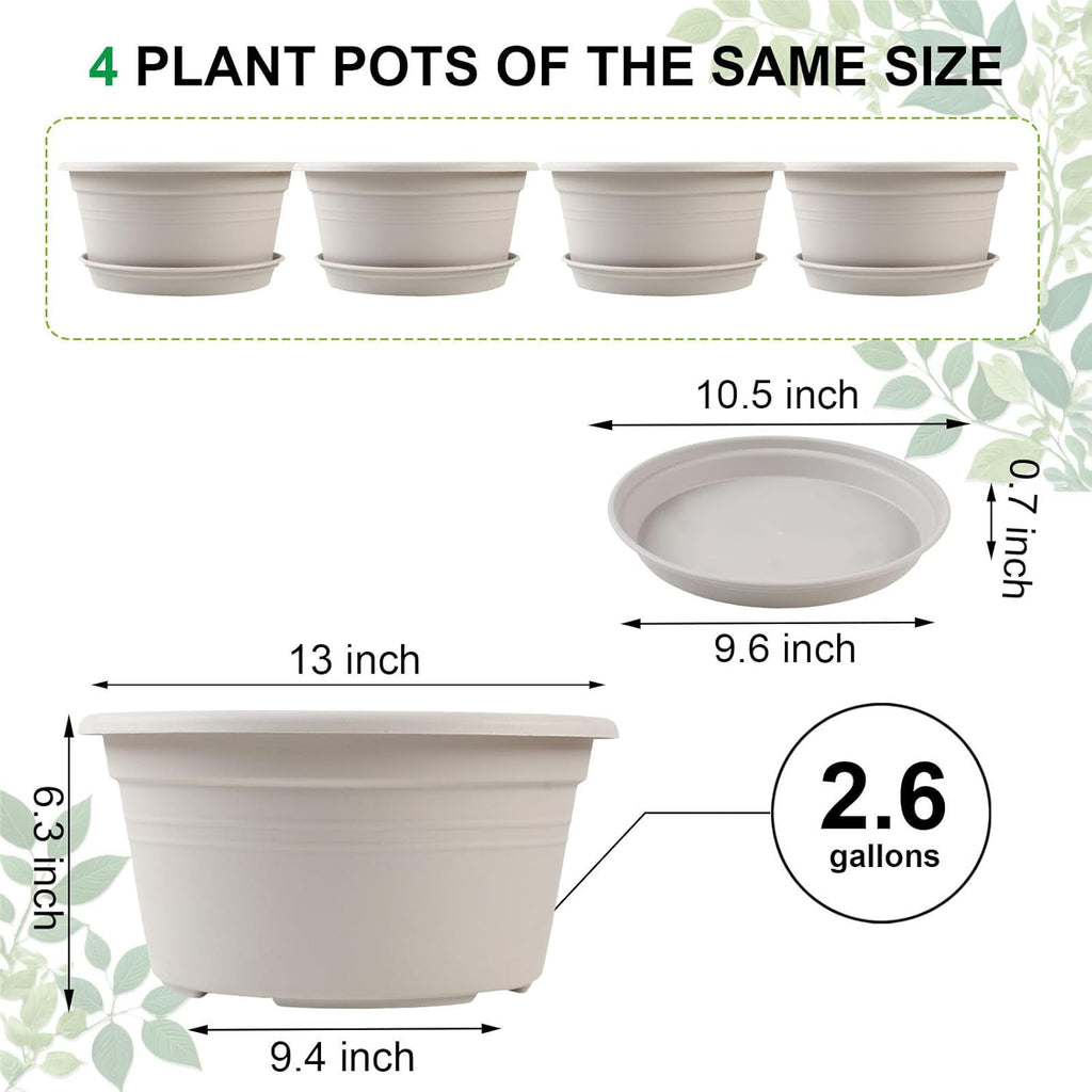 Large 4 Pack 13 inch Plant Pots, Round Plastic Pots for Plants, Outdoor Planters with Drainage Hole & Tray Saucer, Decoration Large Flower Pots for Indoor Outdoor Garden Home Plants (Beige)