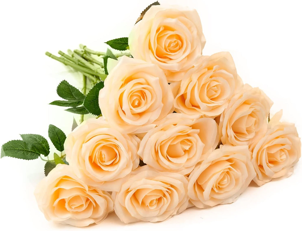 Artificial Rose 10pcs Open Flower Bouquet Faux Rose Stems for Wedding Arrangement, Bridal Bouquet, Centerpiece, Fake Faux Silk Flowers (Champagne)