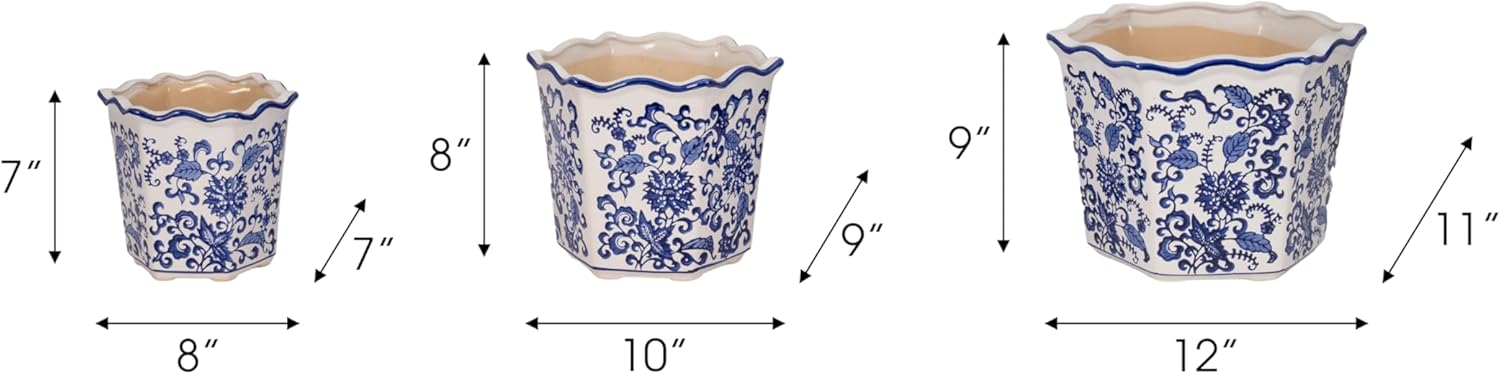 Home Decor Flower Pots and Planters – Intricate Pots with Floral Pattern for Indoor and Outdoor Plants - Vintage Plant Pots Great for Garden, Patio, or Room Decor Set of 3 – 9", 8", 7" Blue & White