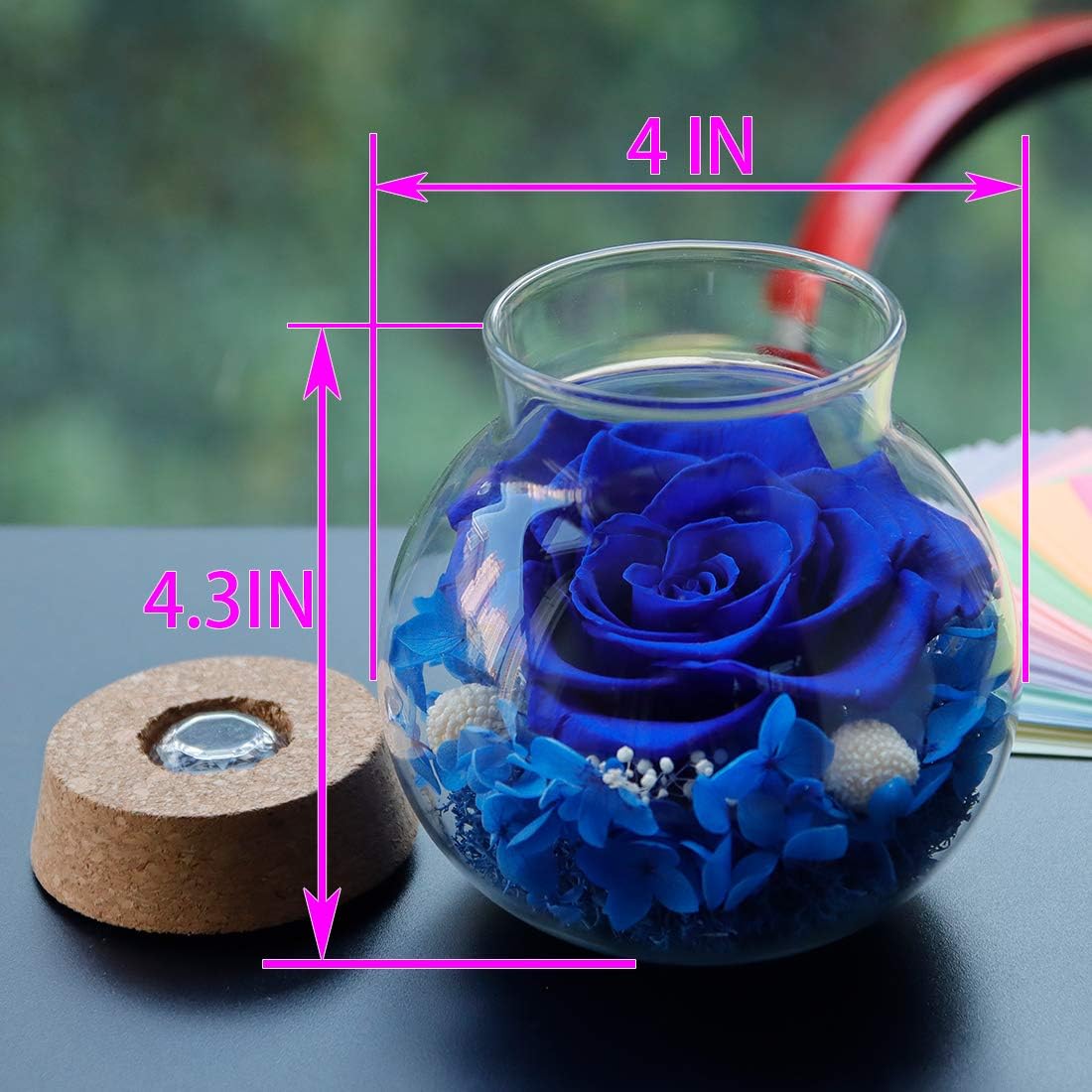 Preserved Real Roses with Colorful Mood Light Wishing Bottle, Eternal Rose，Never Withered Flowers, Table Decor,Christmas Anniversary Valentine's, Blue 4.3inch, 1pcs