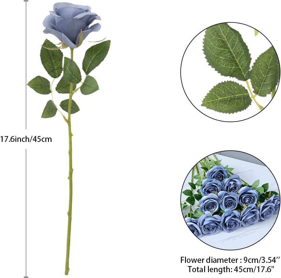 12pcs Rose Artificial Flowers Fake Roses Dusty Blue Silk Roses Blue Silk Flowers Rose with Long Stems for Wedding Home Party Centerpieces Decorations