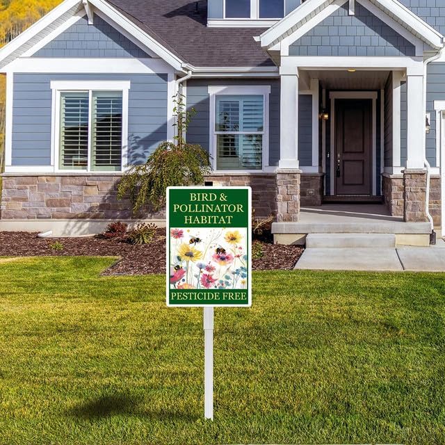 Bird and Pollinator Habitat Pesticide Free Yard Sign With Stakes 7x9.8 inches Rustproof Reflective Aluminum Pollinator Friendly Garden Sign Stand Bee Outdoor Decor