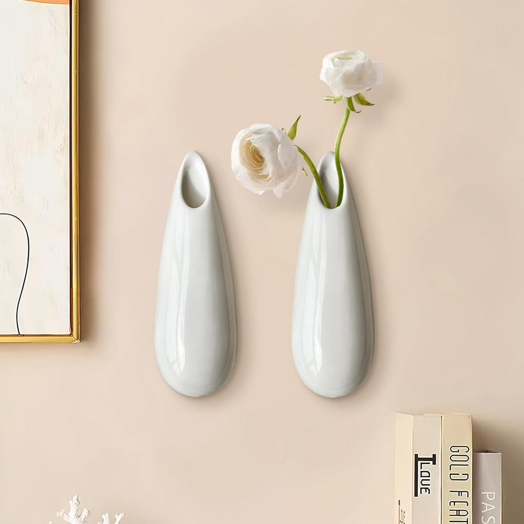 2 Pack White Ceramic Wall Vases,7.9 Inch Wall Hanging Plant Holder,Cubicle Modern Decor Plant Holder Vase for Indoor Plants, Hanging Propagation Flower Pots for Air Vases