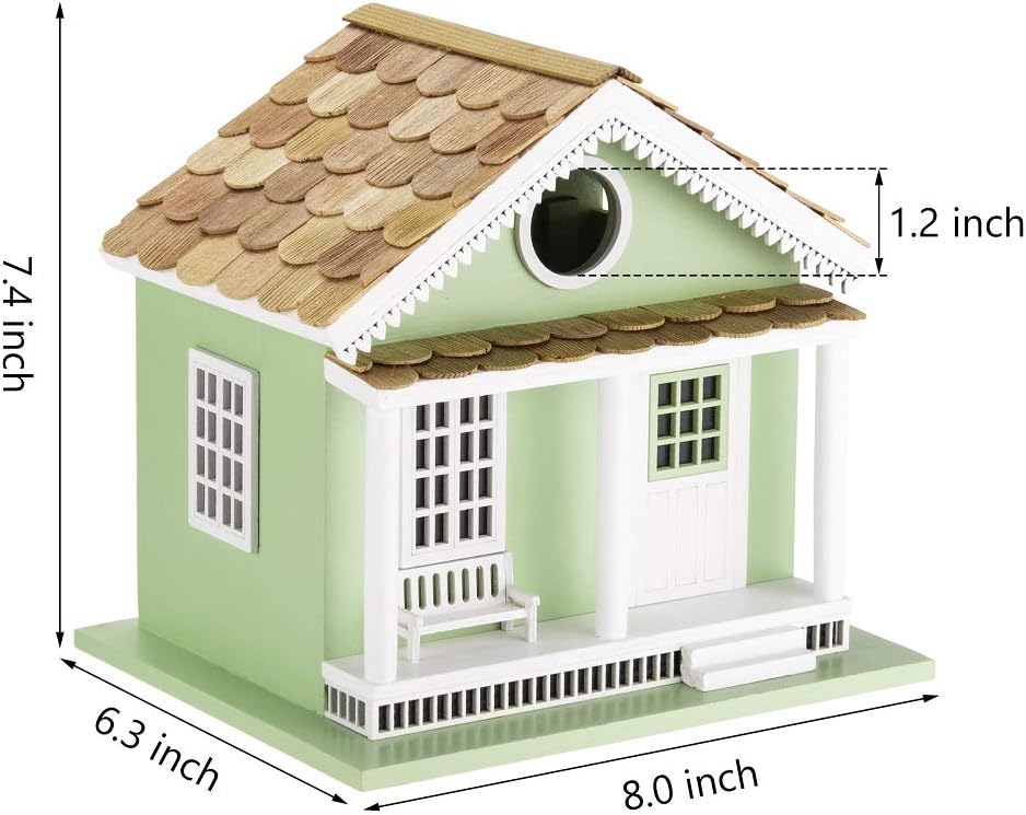 Decorative Wooden Birdhouse for Outdoor Hanging – Handcrafted Miniature Cottage Style with Blue Roof, Front Porch, and Balcony – Garden or Backyard Décor for Wild Birds (Green Lake House)