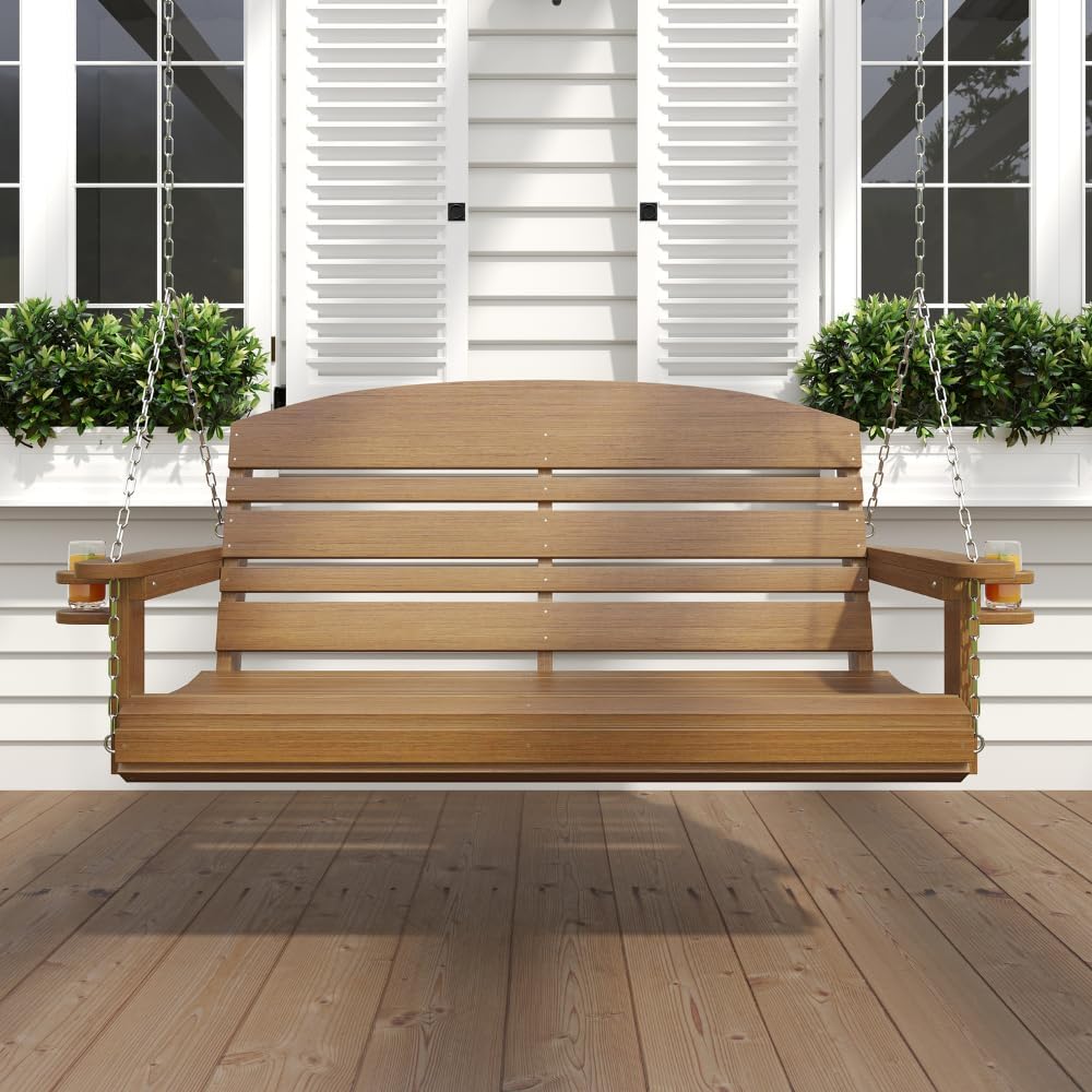 Classic Recycled Plastic Porch Swing in Mahogany Finish - Composite Poly Swing with Included Hanging Chains