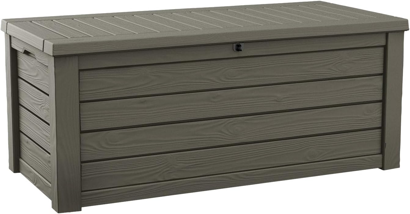 Keter Westwood 150 Gallon Resin Large Outdoor Storage Box for Patio Furniture, Outdoor Cushions, Garden Tools and Pool Floats, Mossy Brown