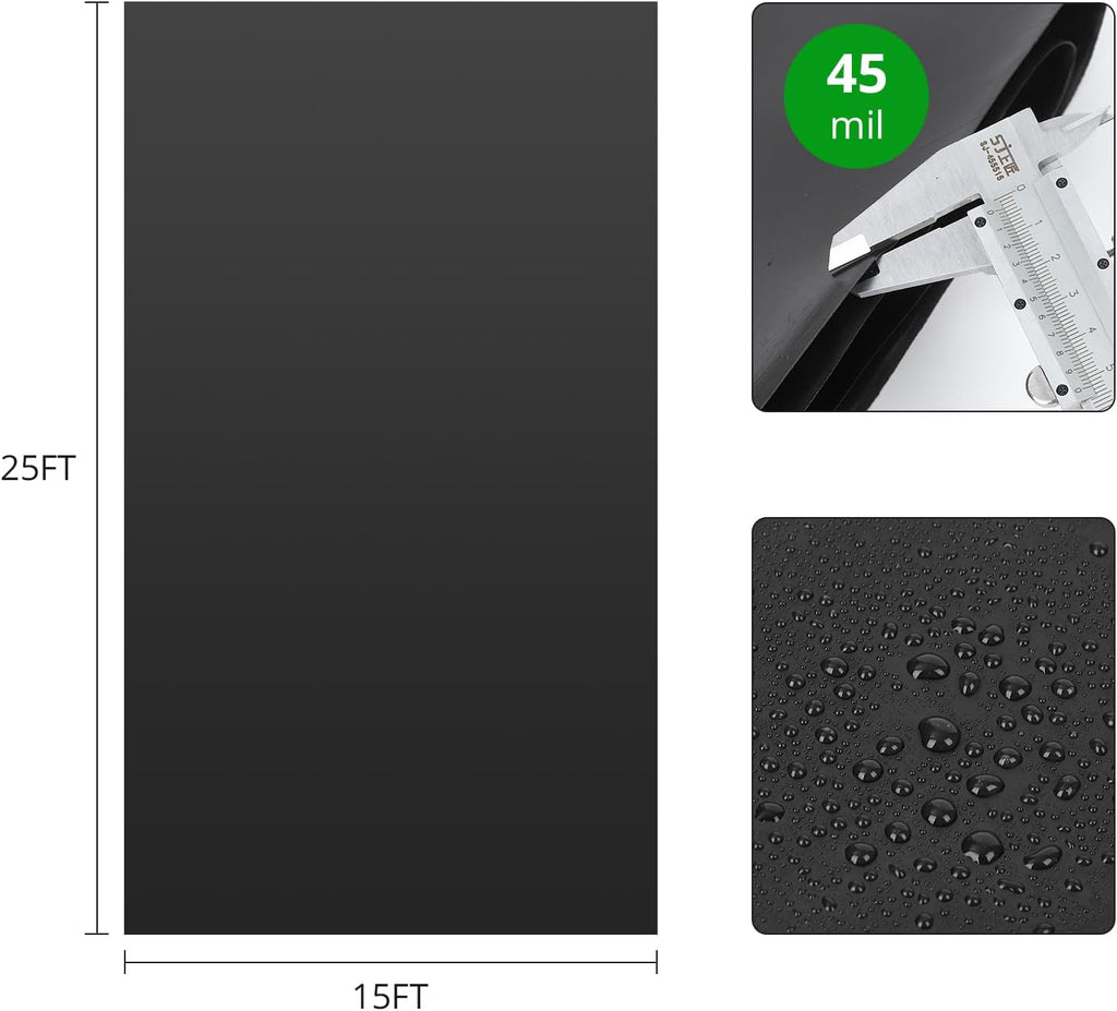 45 Mil EPDM Pond Liner 15x25ft - Fish-Safe Rubber for Outdoor Ponds, Waterfalls, Koi Fish Ponds, Landscaping - Puncture Resistant, UV Proofs, Durable, Flexible Water Barrier