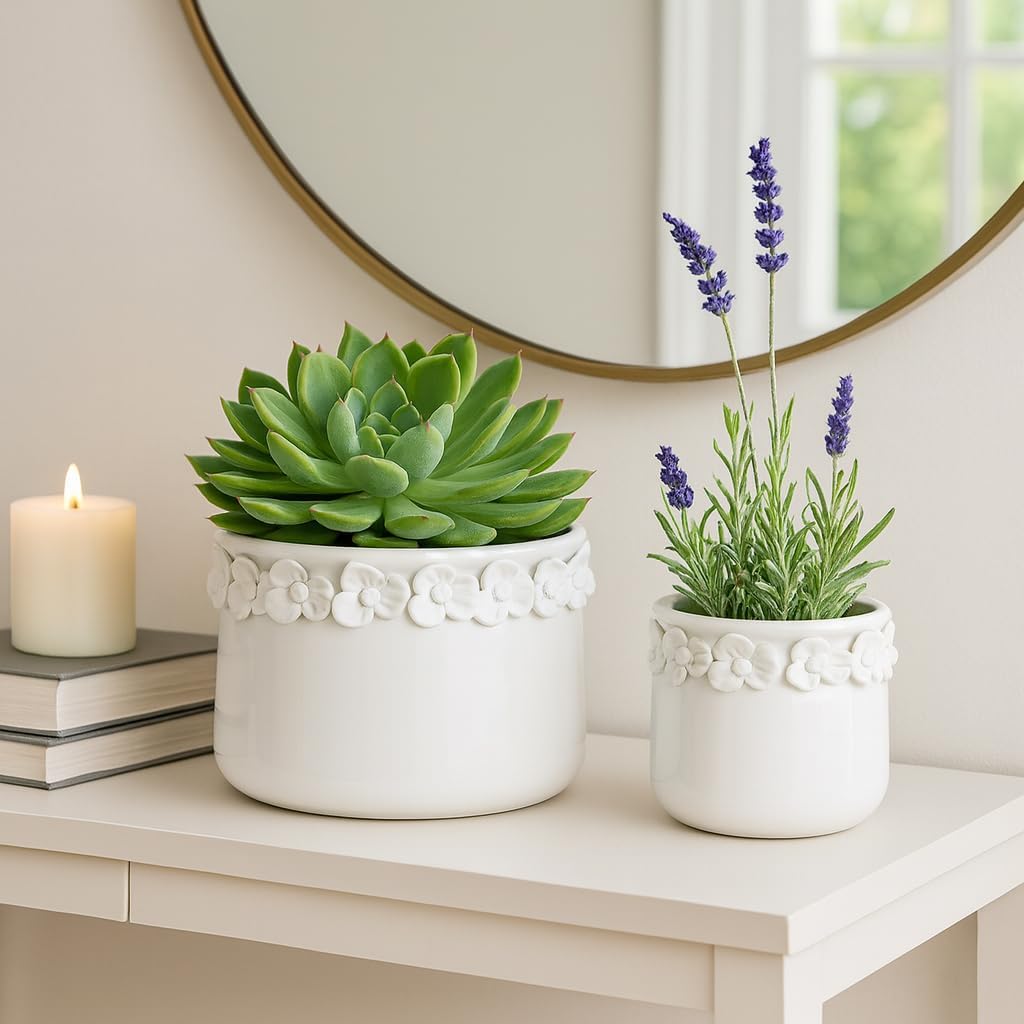Decorative Flower Pot for Home Decor – Ceramic Indoor or Outdoor Planter with Sculpted Floral for Succulents or Houseplants – Pot for Plants for Garden, Patio, or Room Decor; Set of 2 – 7", 6" White