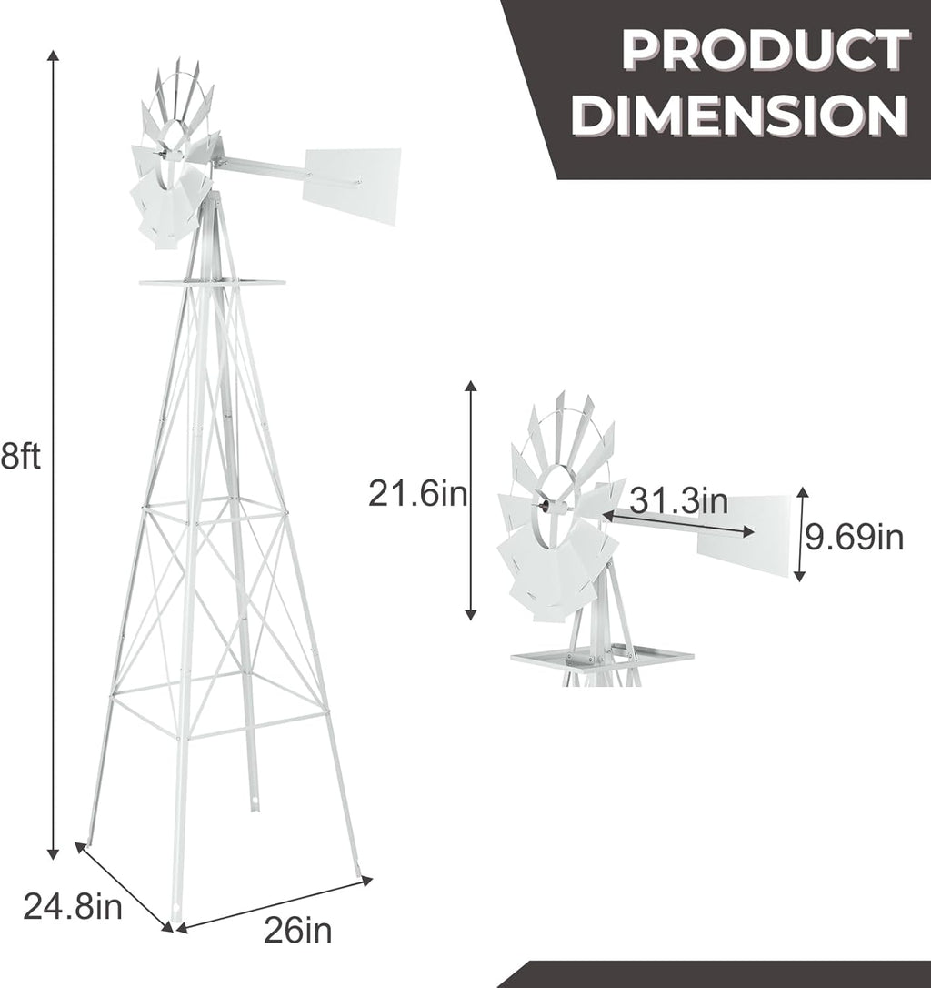 Outvita 8FT Ornamental Windmill for Yard, Heavy Duty Durable Metal Weather Vane Garden Decoration Weather Resistant for Garden, Farm, Seaside