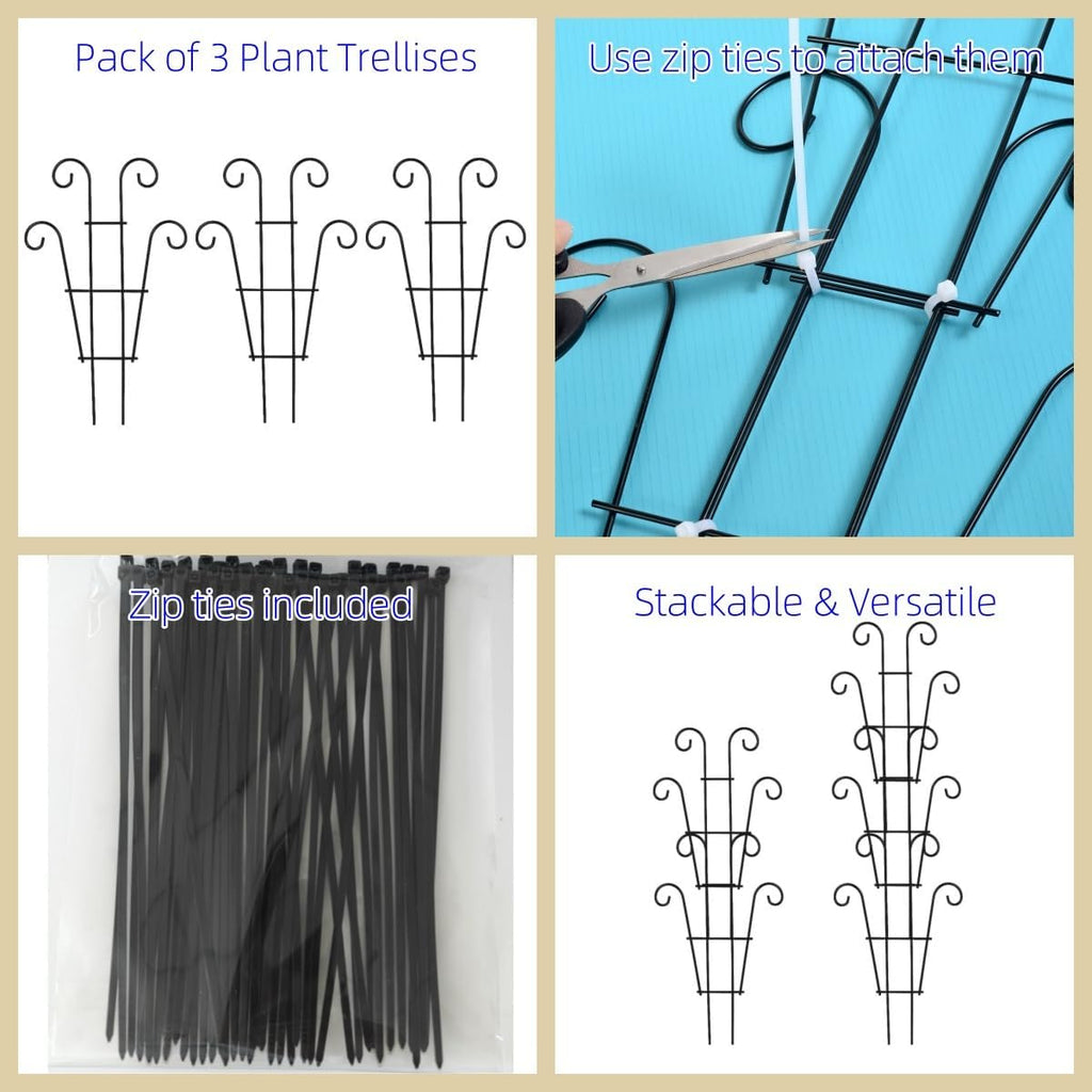 Garden Plant Trellis for Indoor Plants, Stackable Metal Trellis Supports for Climbing Plants or Houseplants, 3 Pack, Black (10"(W) x 17"(H))