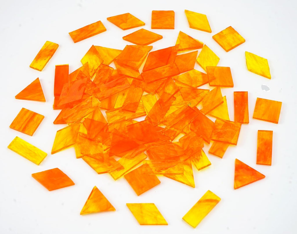 Large Textured Transparent Glass Mosaic Tiles, 200G Vibrant 4 Shapes Stained Pieces for DIY Crafts Bulk, 70pcs for Art Decor, Pumpkin