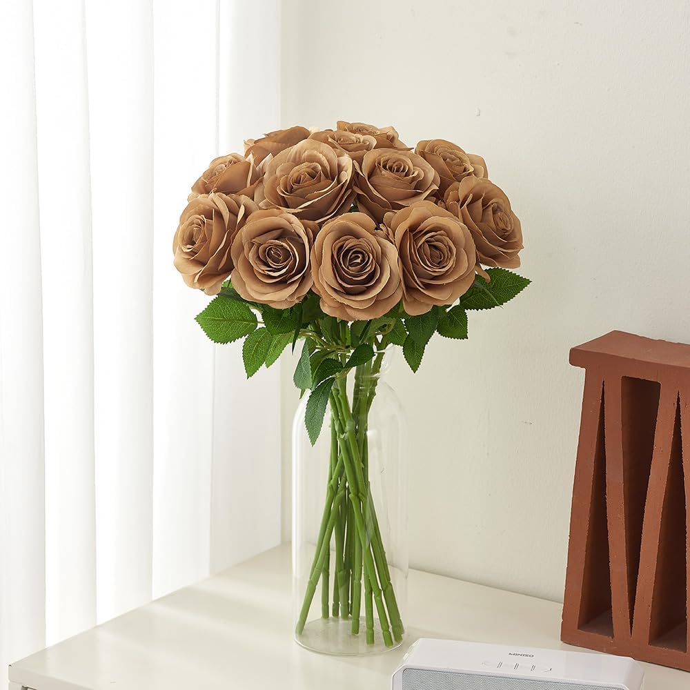 12pcs Coffee Roses Artificial Flowers Fake Roses Silk Flowers Roses with Long Stems for Wedding Home Party Centerpieces Decorations