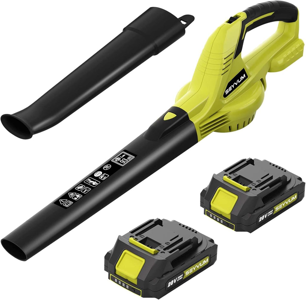 SEYVUM Leaf Blower, 20V Cordless Blower with 2 x 2.0Ah Battery, Electric Leaf Blowers for Lawn Care, 320 CFM 150 MPH Battery Powered Leaf Blower, for Patio, Garden Cleaning, Fast Charger