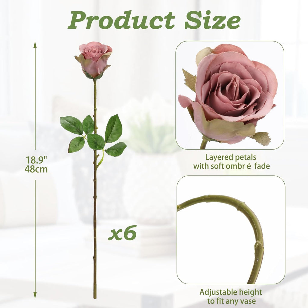 Briful Dusty Roses Pink Artificial Flowers– 6PCS 18.9" Faux Rose Silk Flowers with Long Stems Realistic Fake Rose Bouquet for DIY Wedding Arrangements Table Vase Centerpieces Home Event Decor