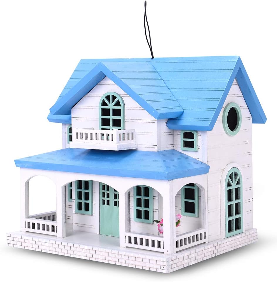 Decorative Wooden Birdhouse for Outdoor Hanging – Handcrafted Miniature Cottage Style with Blue Roof, Front Porch, and Balcony – Garden or Backyard Décor for Wild Birds (Ocean Bungalow)