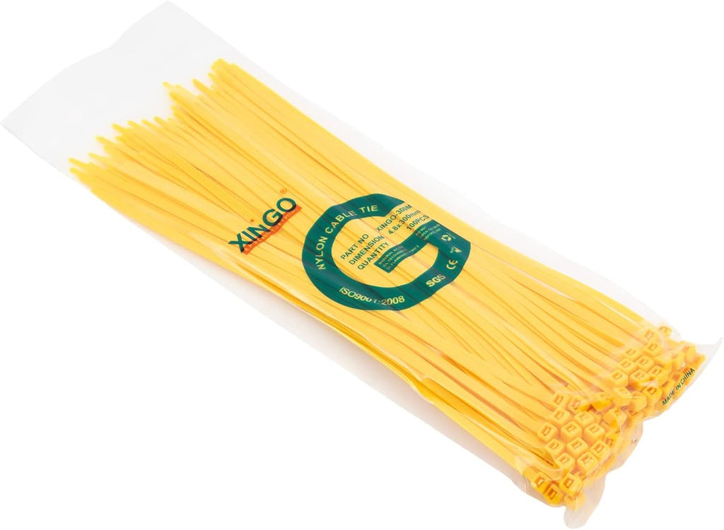 XINGO 100PCS Cable Zip Ties Heavy Duty, Premium Nylon Plastic Wire Ties with 50 Pounds Tensile Strength, Self-Locking Black Nylon Zip Ties for Indoor and Outdoor (12 inch, Yellow)