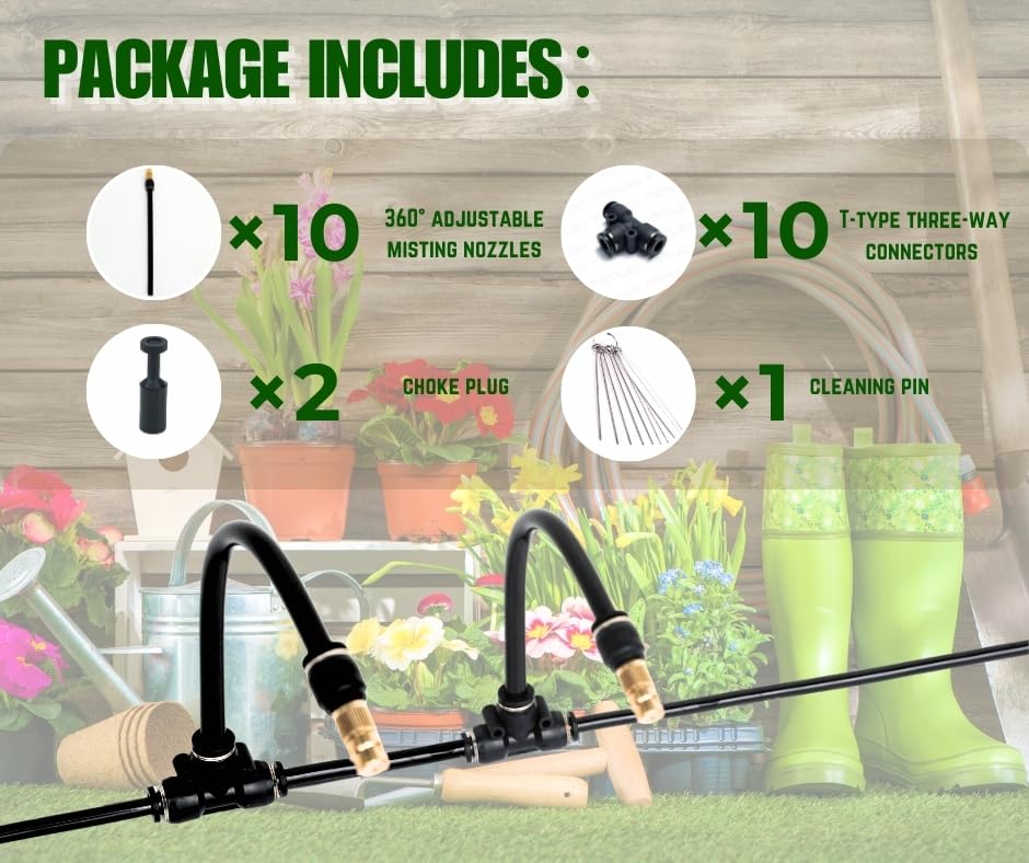 10pk Brass Misting Nozzles Tee 8 inch 360 Degree Adjustable Copper Sprayer, Compatible with1/4 trubing Hose Watering Plant Drip Irrigation Pneumatic Fittings Connection for Watering Garden(10pk)