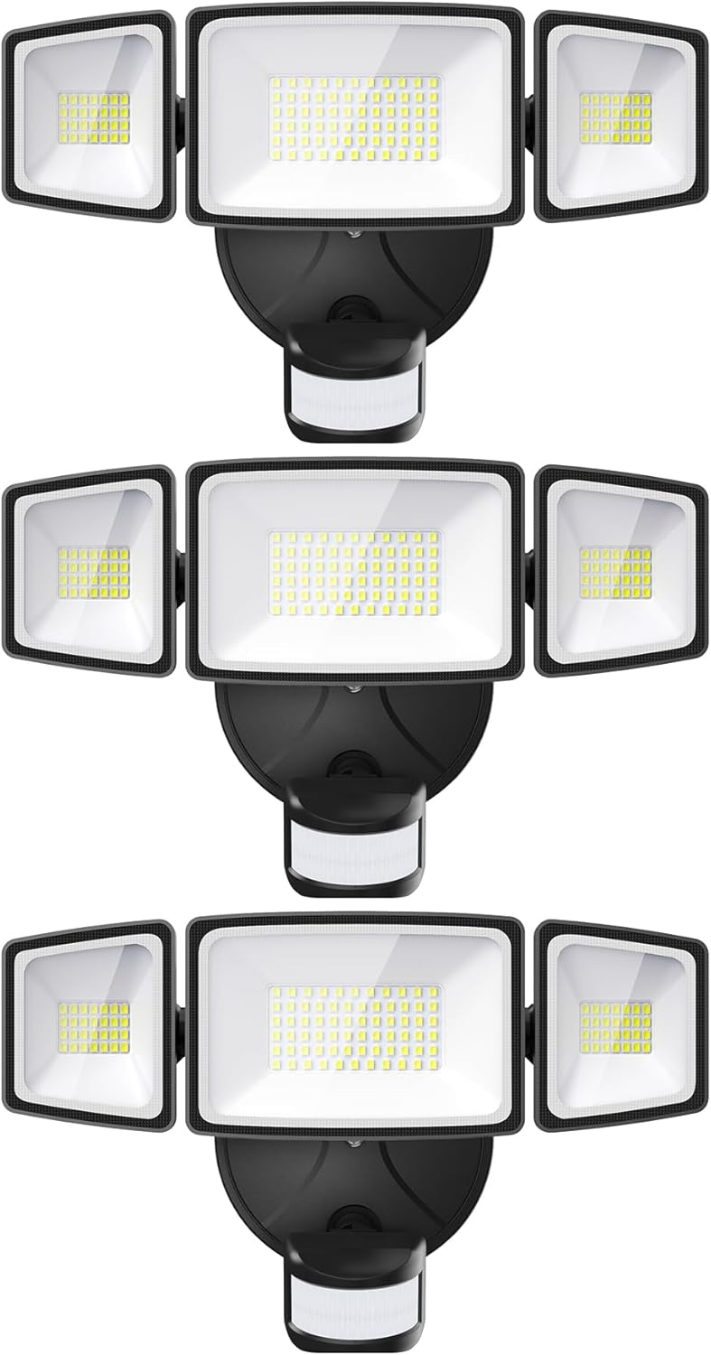Onforu 3 Pack 65W LED Motion Sensor Outdoor Lights, Security Light Motion Outdoor Flood Light Fixture Detection Detector, 3 Adjustable Heads 6500LM 6500K IP65 Waterproof Exterior Garage Yard (Black)