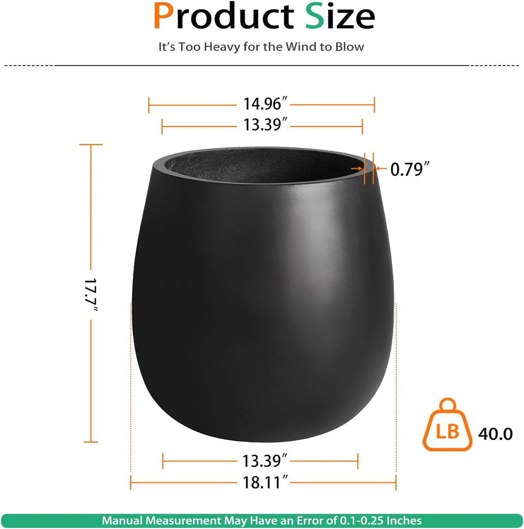 Oval Concrete Planters for Outdoor Plants, Large Tall Cement Flower Pots Indoor for Garden, Front Porch, Patio (Black, 18.5 inch)